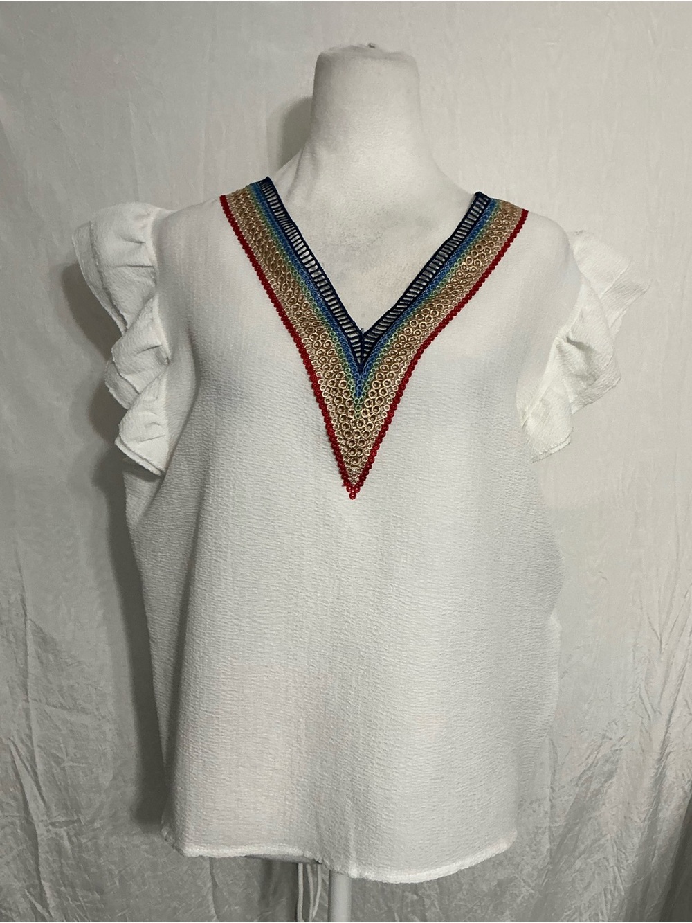 Women’s White V-Neck Embroidered Ruffle Sleeve Top
